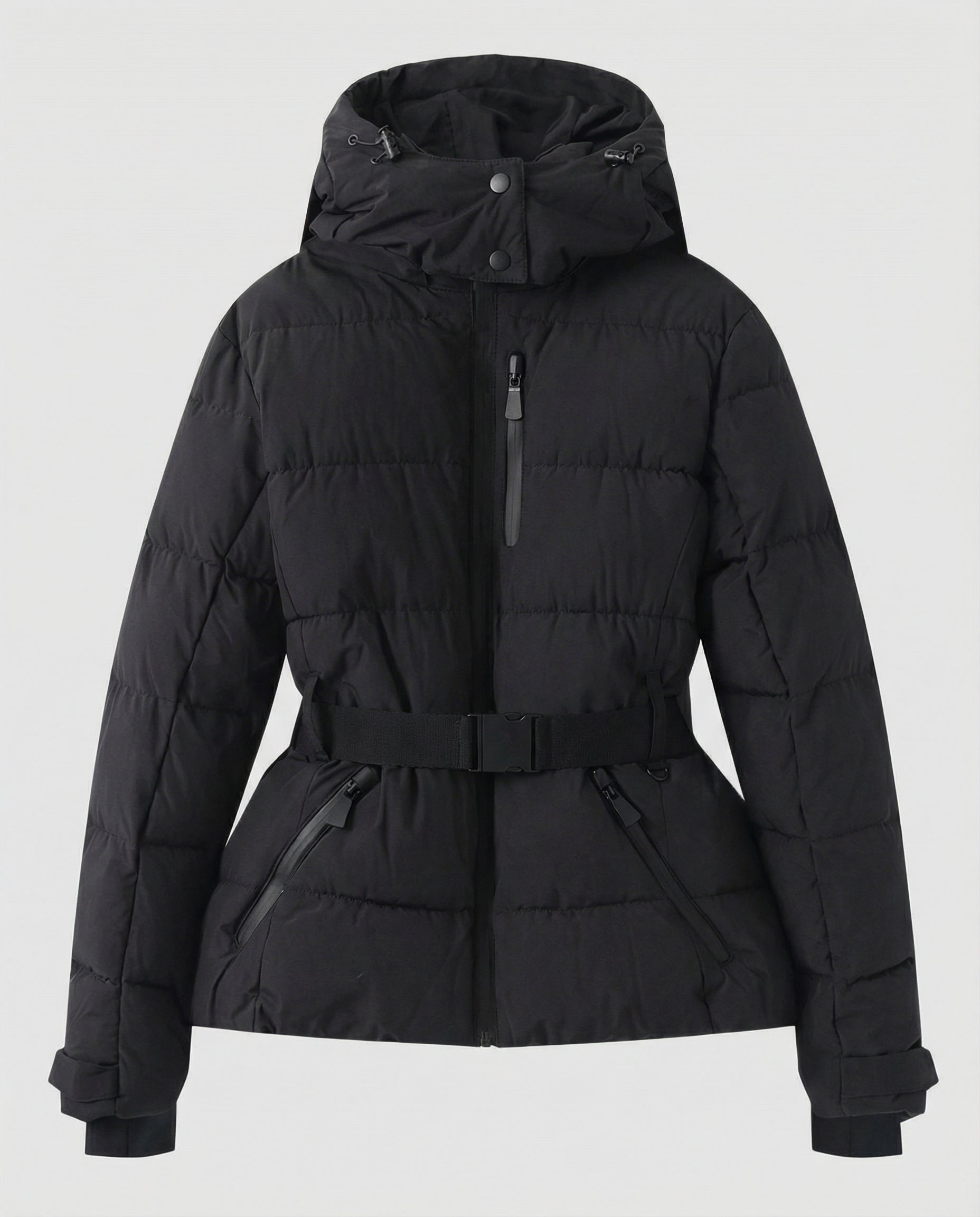 quilted ski jacket with insulated design, hood, and belted waist