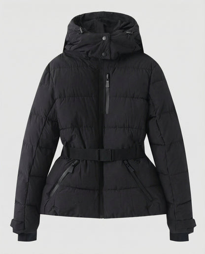 quilted ski jacket with insulated design, hood, and belted waist