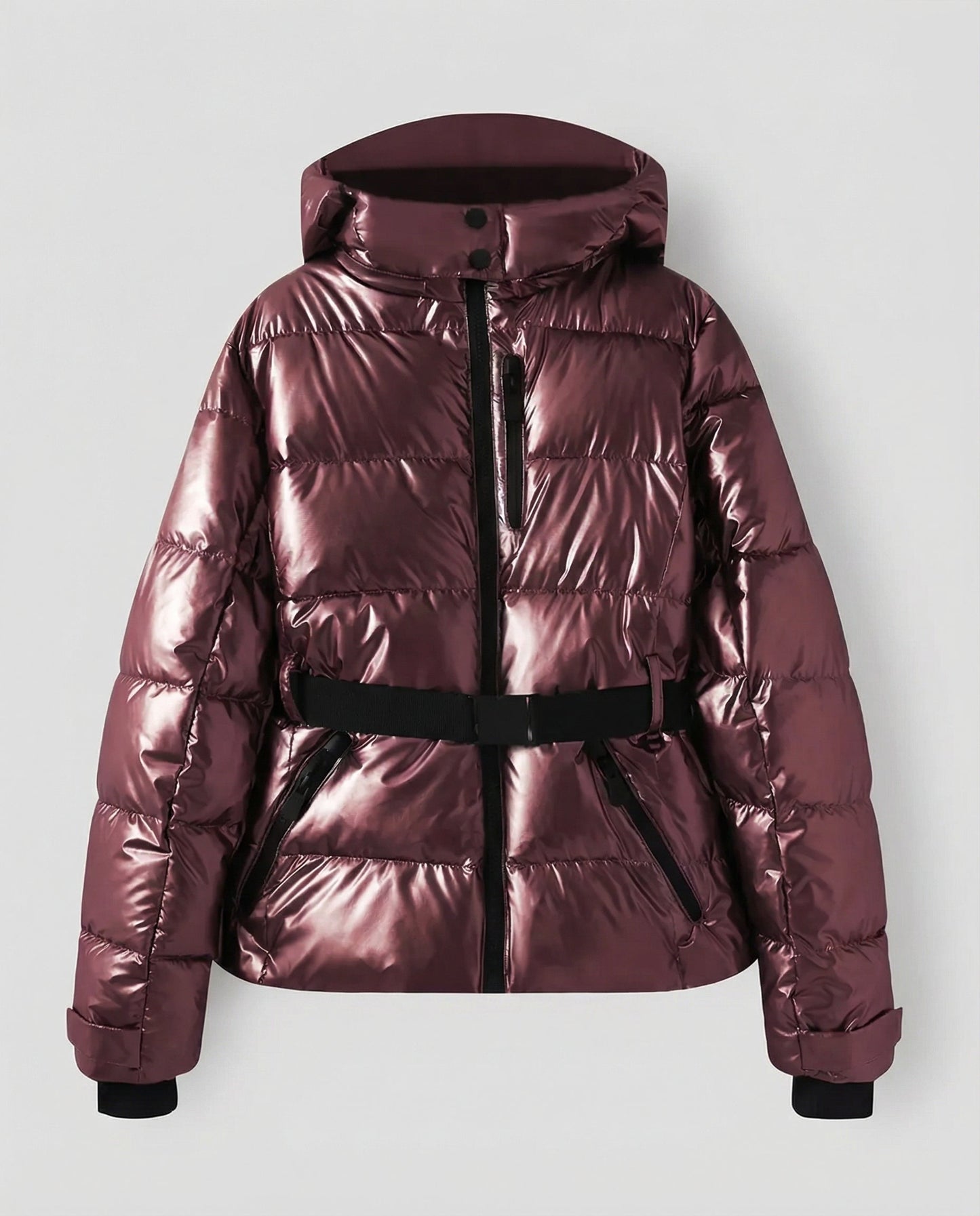 quilted ski jacket with insulated design, hood, and belted waist