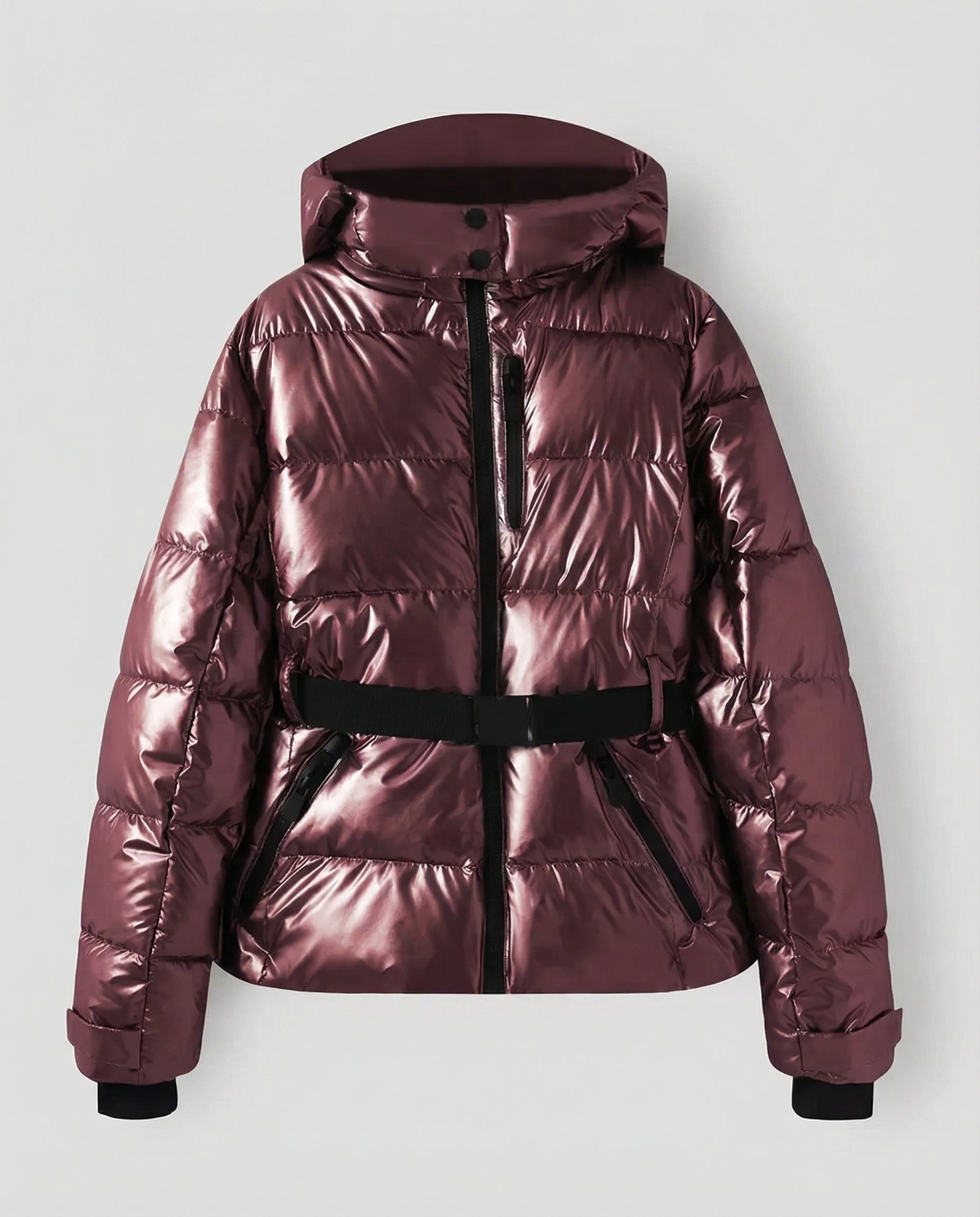 quilted ski jacket with insulated design, hood, and belted waist