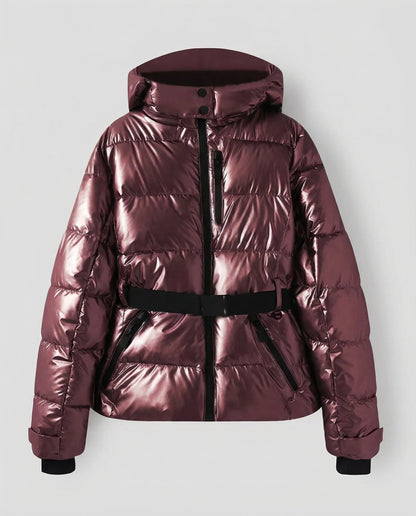 quilted ski jacket with insulated design, hood, and belted waist