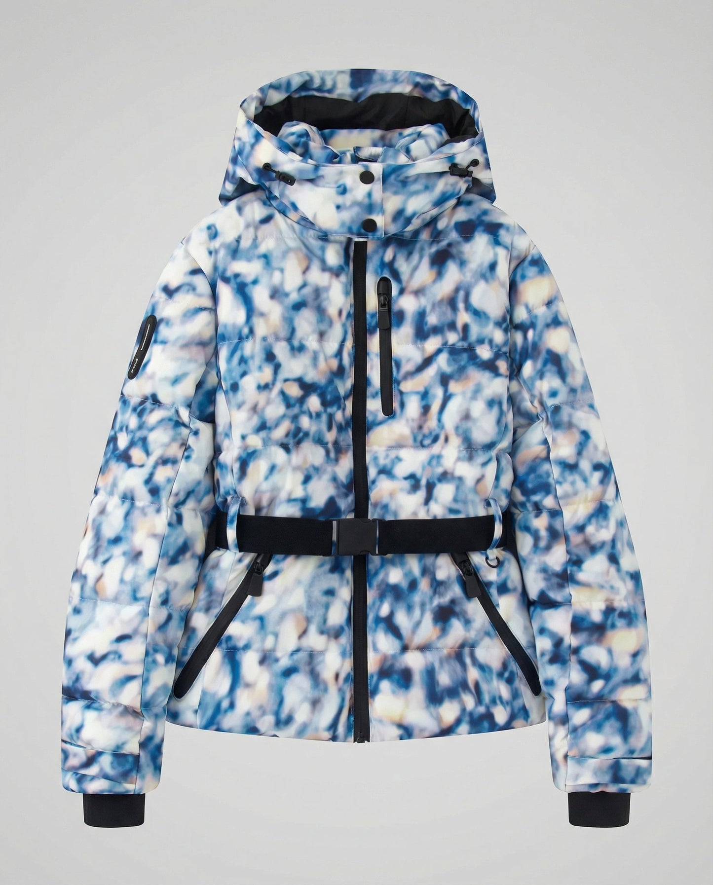 quilted ski jacket with insulated design, hood, and belted waist