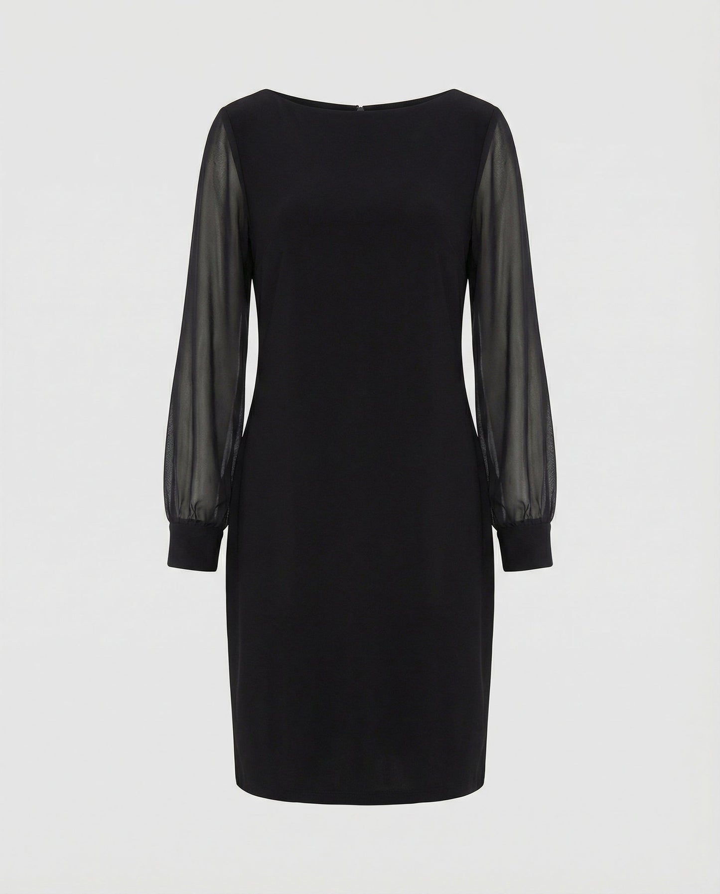 elegant mini dress with structured fit and semi-sheer long sleeves