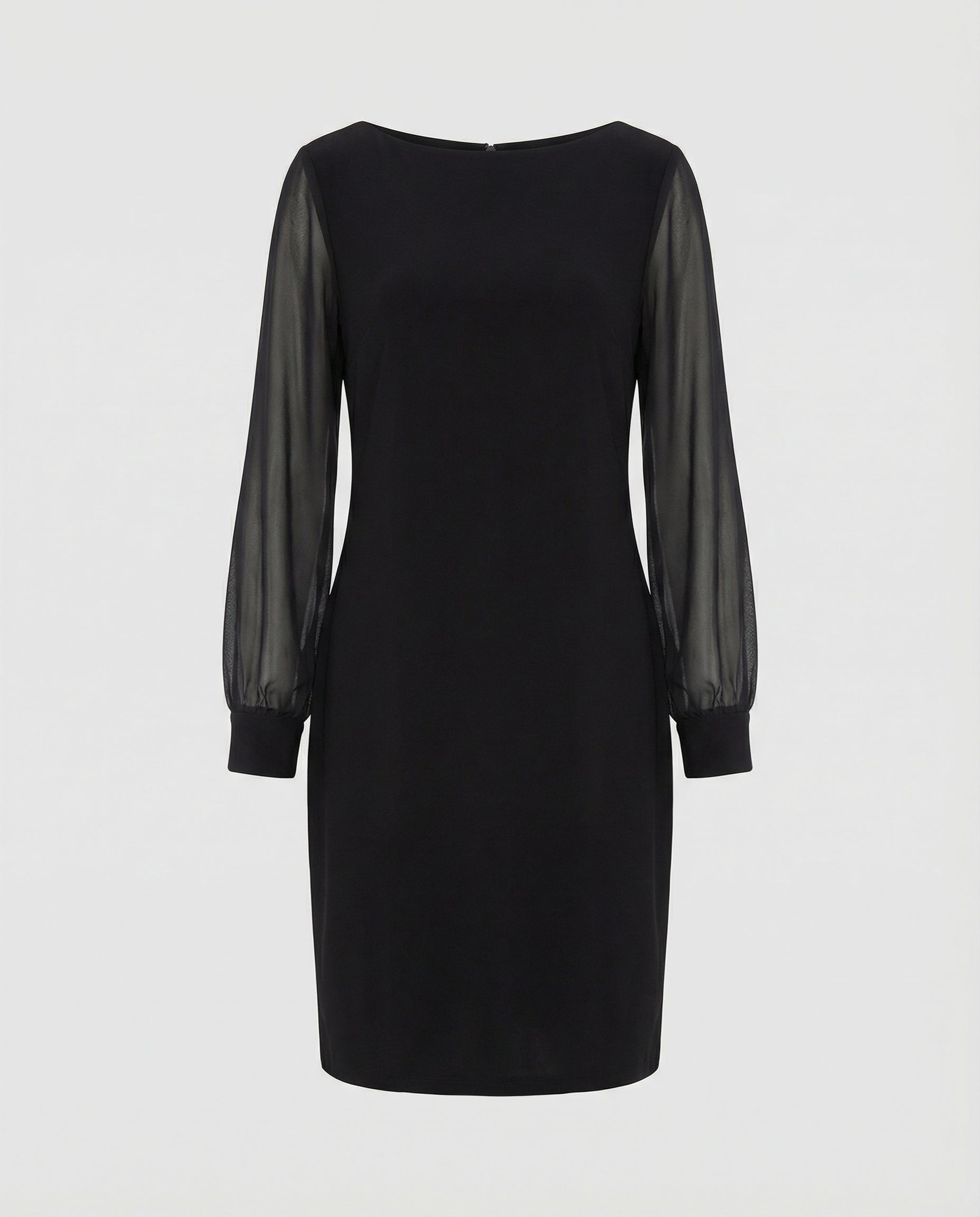 elegant mini dress with structured fit and semi-sheer long sleeves