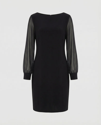 elegant mini dress with structured fit and semi-sheer long sleeves