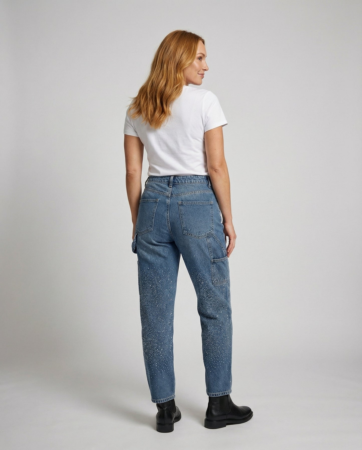 diamond embellished jeans with relaxed fit and sparkling detailing