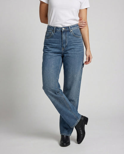 diamond embellished jeans with relaxed fit and sparkling detailing