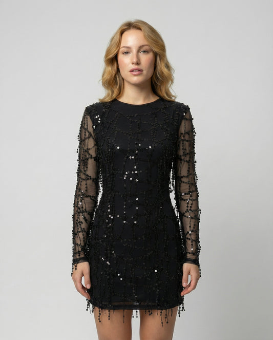 fringe sequin dress with elegant statement silhouette and shimmering finish