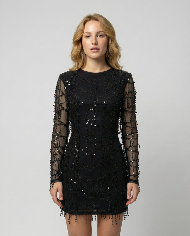 fringe sequin dress with elegant statement silhouette and shimmering finish