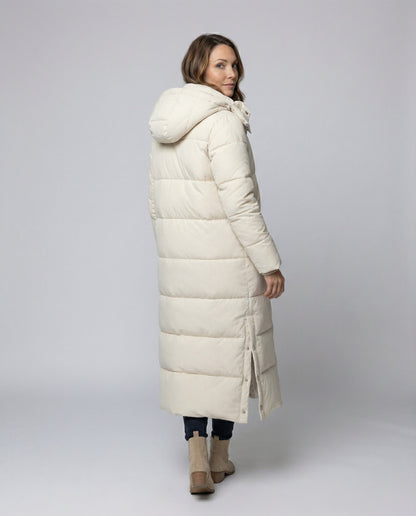 long quilted jacket with extra-length design, vertical quilting