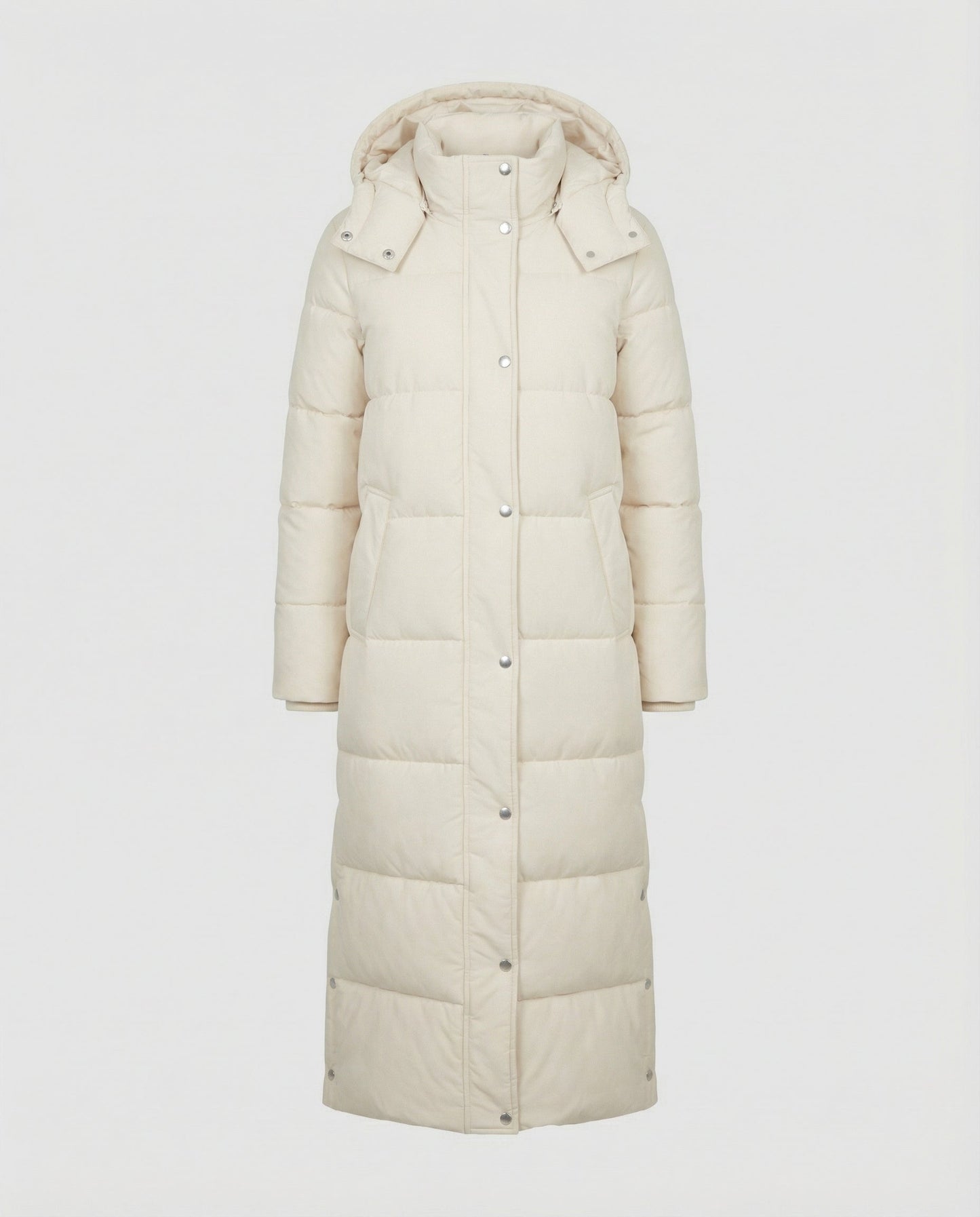 long quilted jacket with extra-length design, vertical quilting