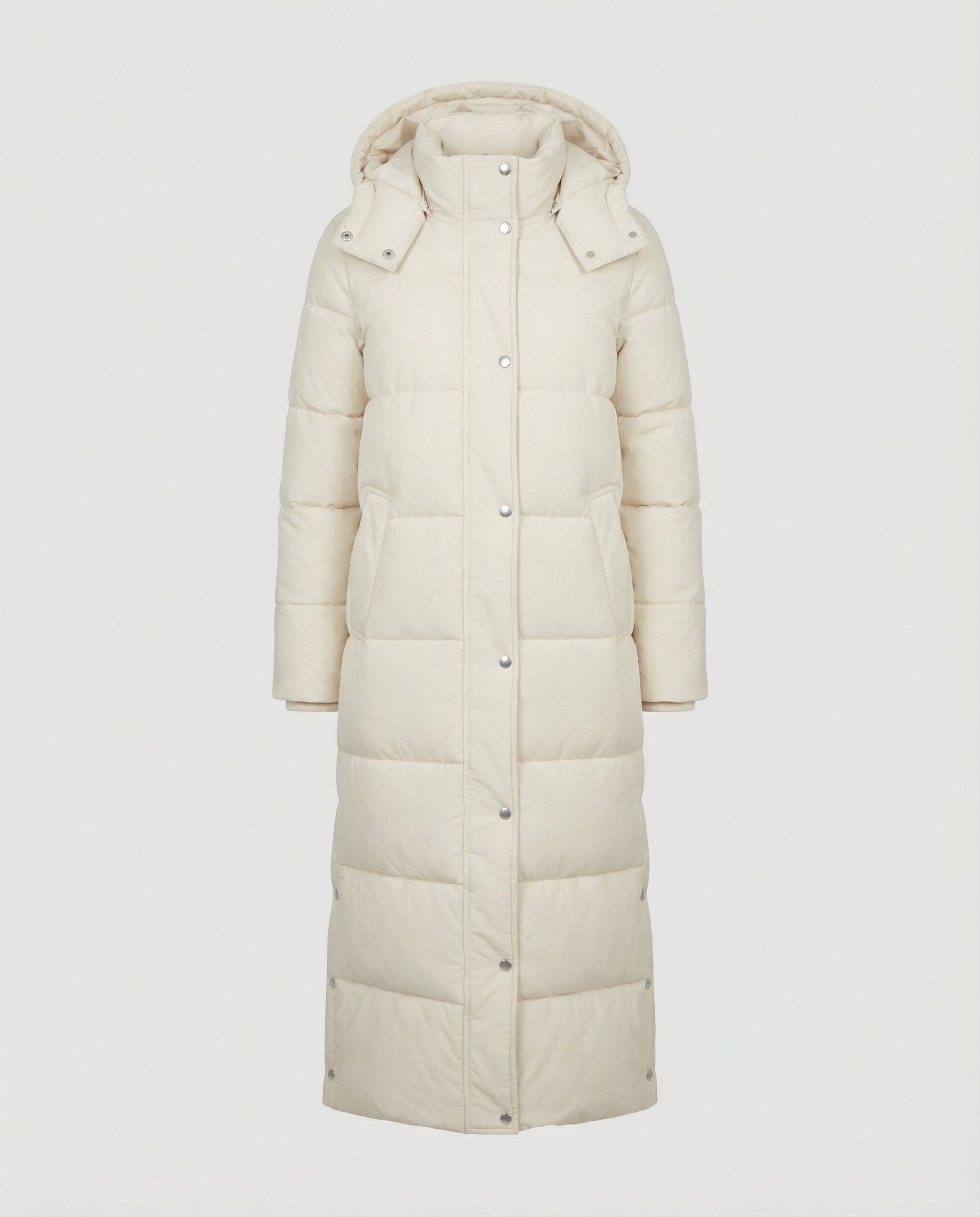 long quilted jacket with extra-length design, vertical quilting