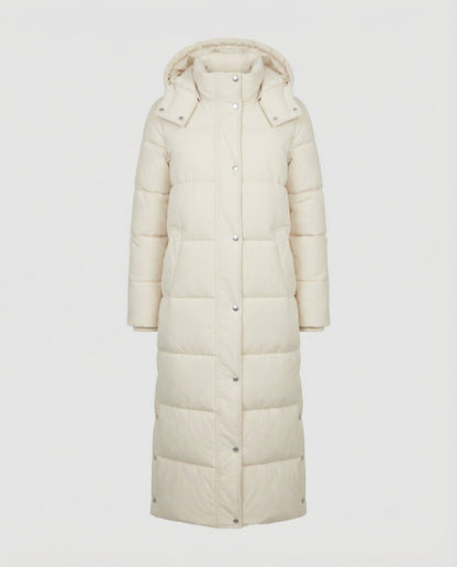 long quilted jacket with extra-length design, vertical quilting