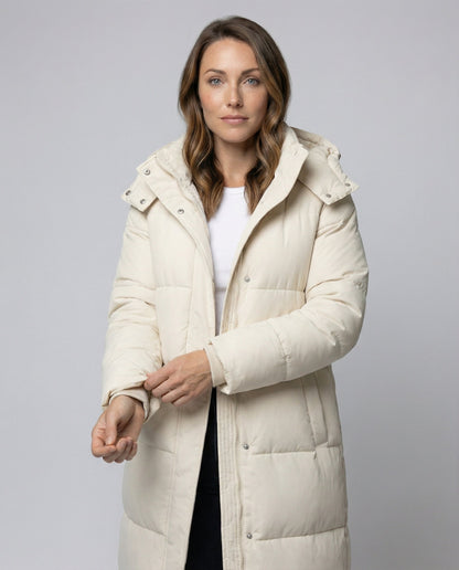 long quilted jacket with extra-length design, vertical quilting