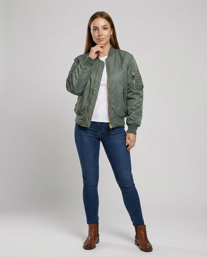 classic bomber jacket with ribbed trims and hip-length casual fit