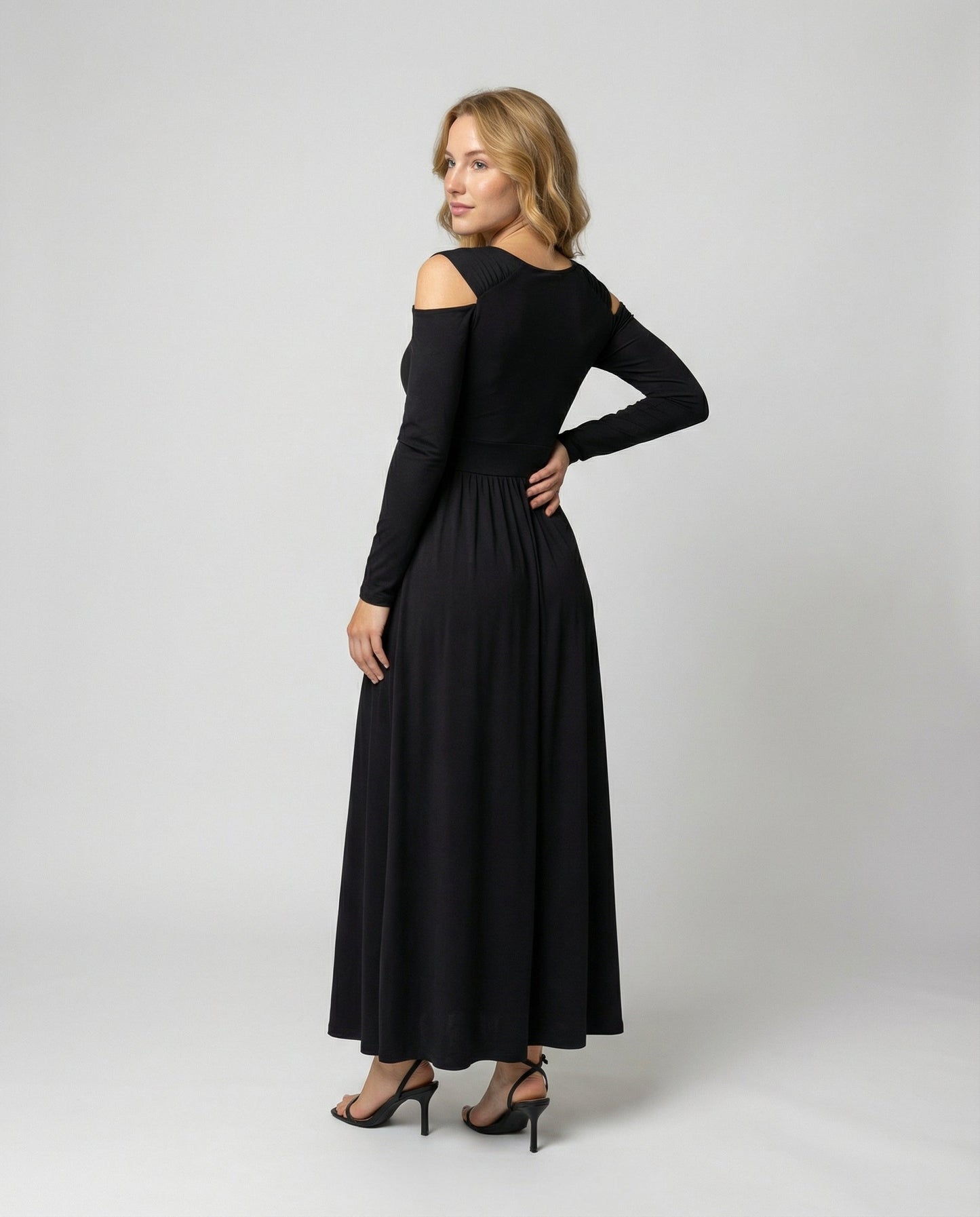 evening maxi dress with flowing silhouette and high thigh slit