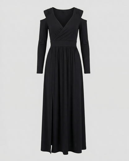 evening maxi dress with flowing silhouette and high thigh slit