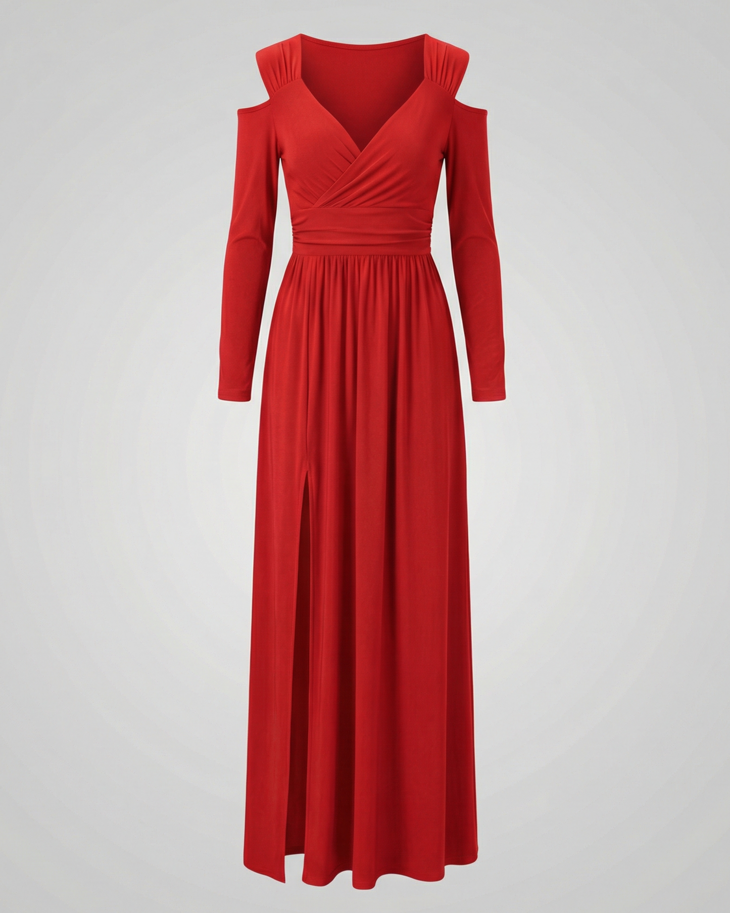 evening maxi dress with flowing silhouette and high thigh slit