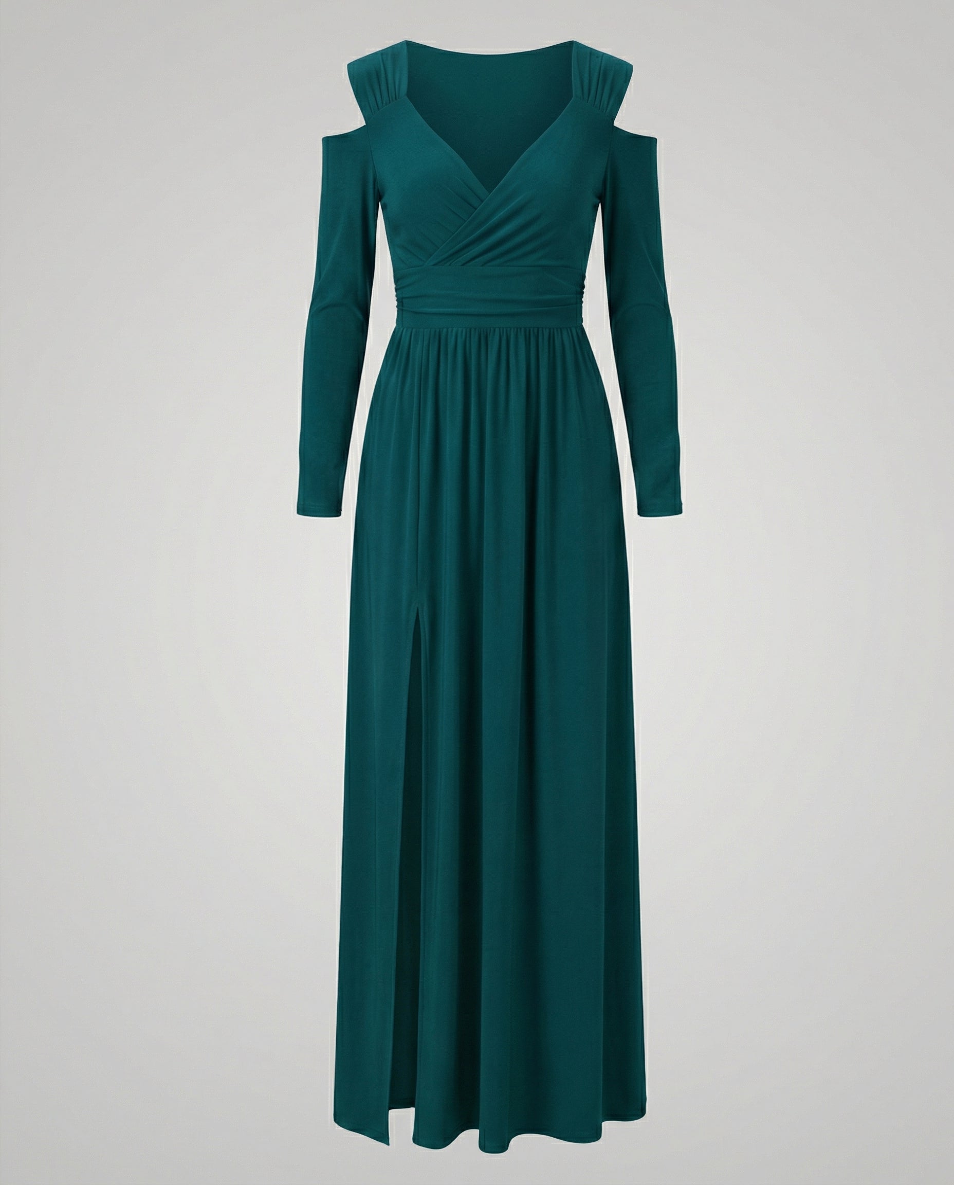 evening maxi dress with flowing silhouette and high thigh slit