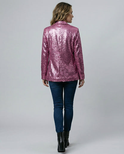 sequin blazer with padded shoulders, open front design, and fully lined construction.