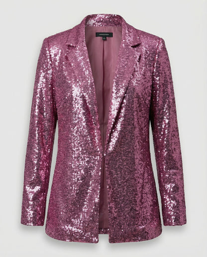 sequin blazer with padded shoulders, open front design, and fully lined construction.