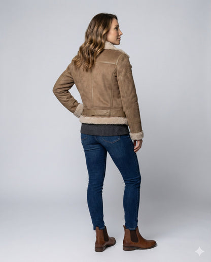 suede jacket with sherpa lining and asymmetrical zip design