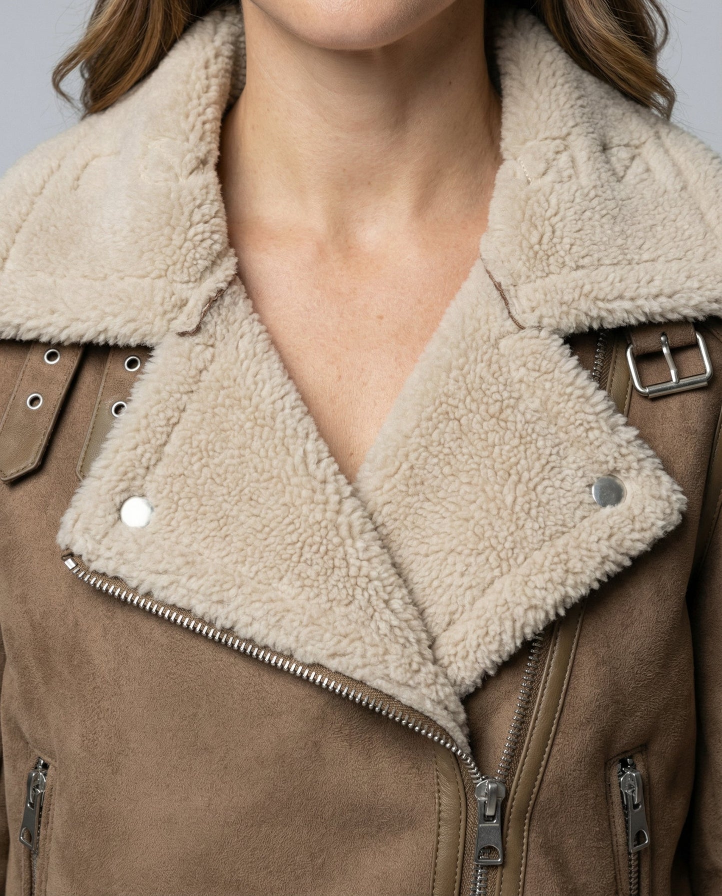 suede jacket with sherpa lining and asymmetrical zip design