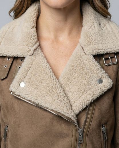 suede jacket with sherpa lining and asymmetrical zip design