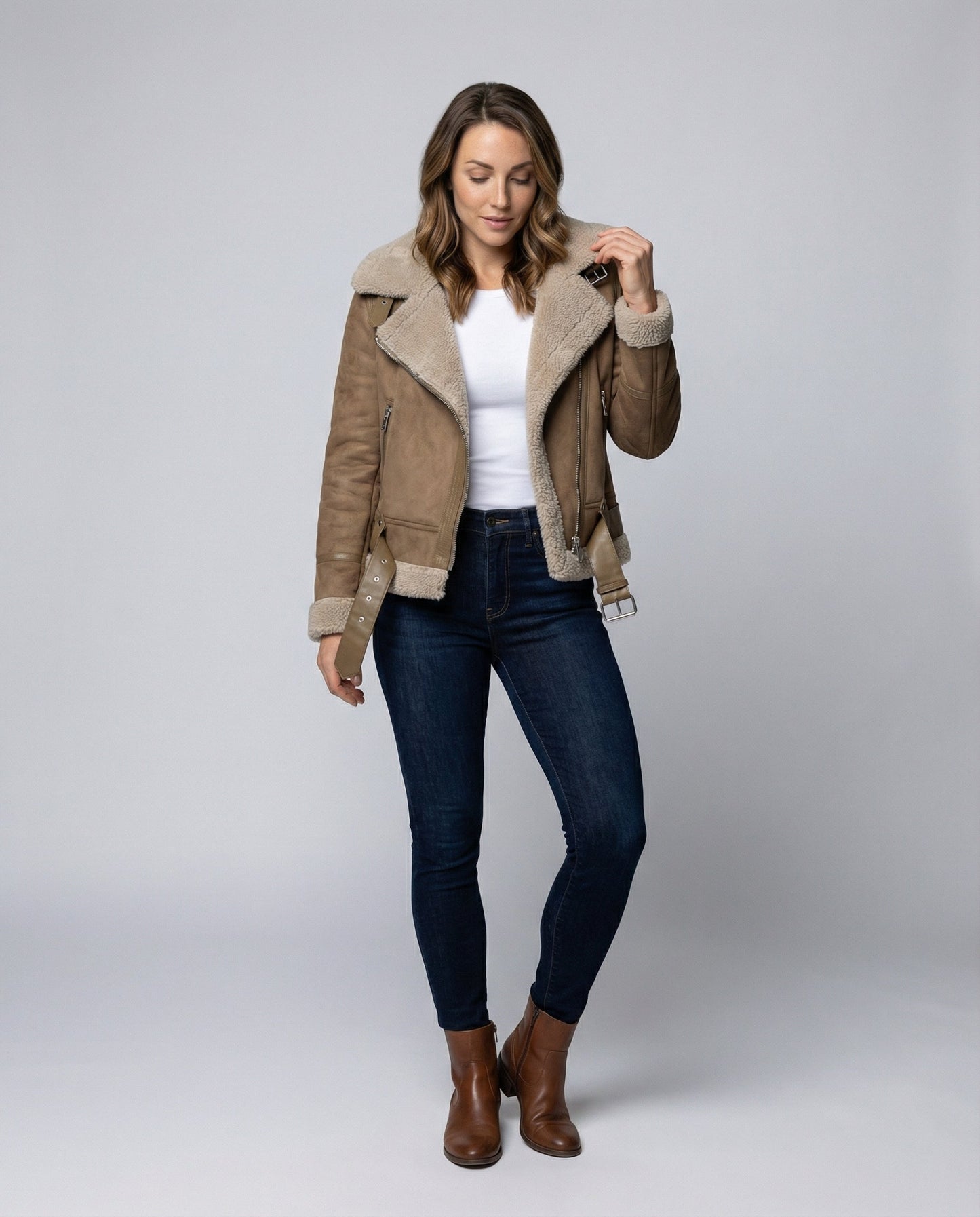 suede jacket with sherpa lining and asymmetrical zip design