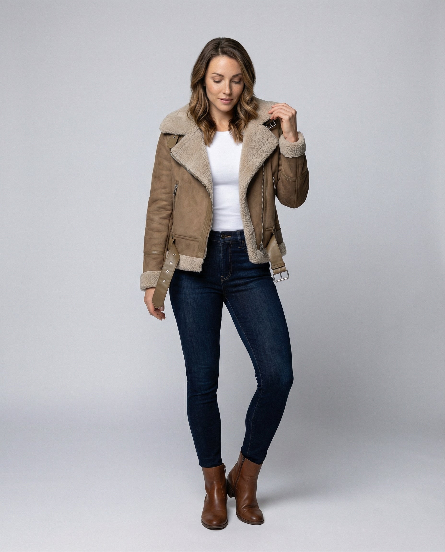 suede jacket with sherpa lining and asymmetrical zip design