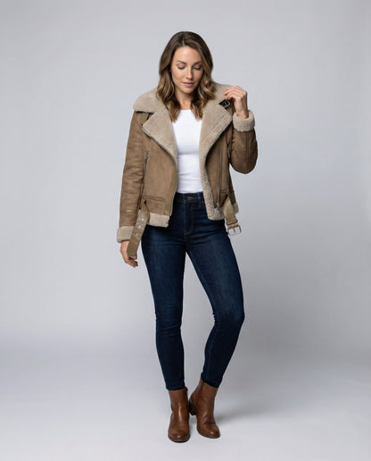suede jacket with sherpa lining and asymmetrical zip design