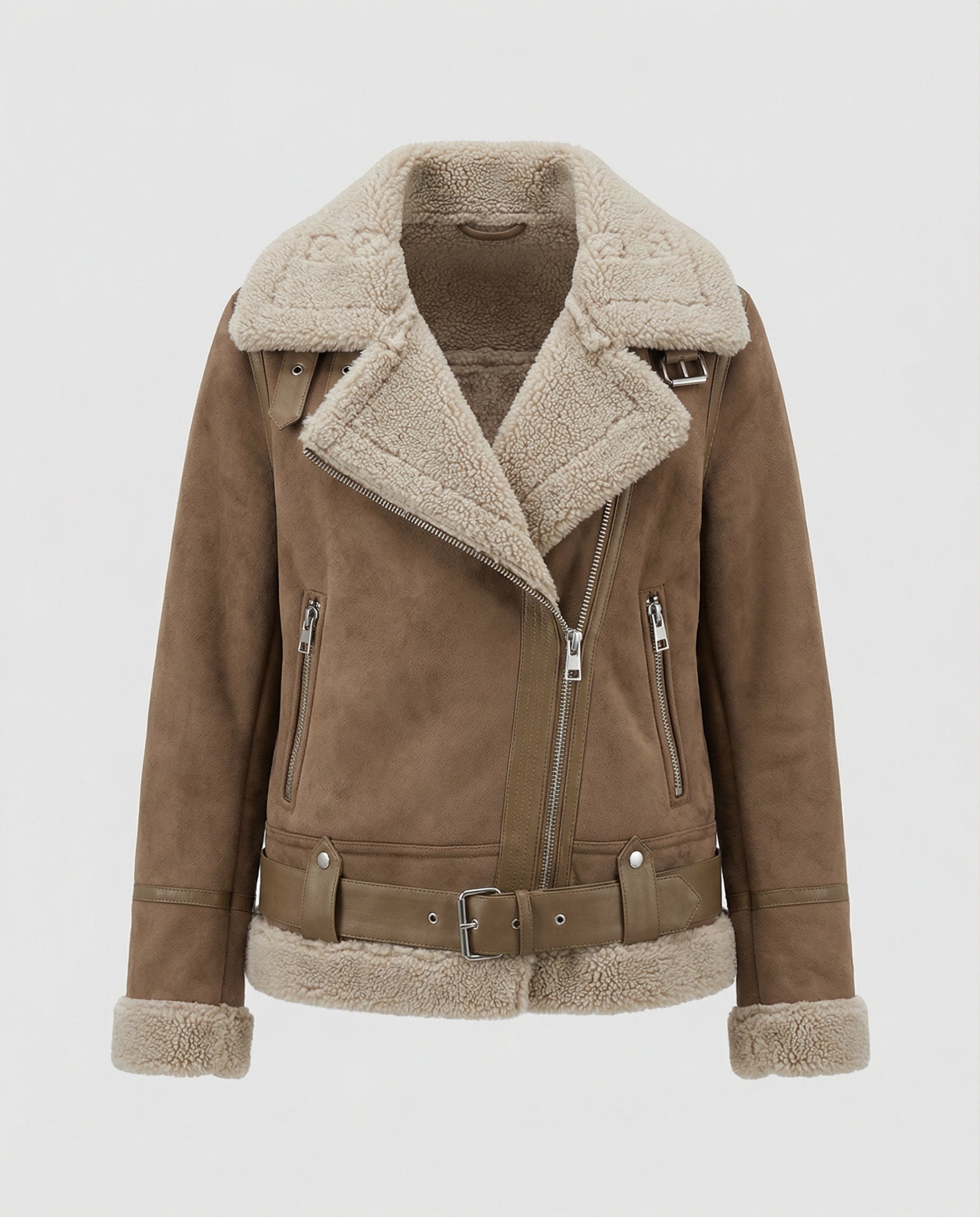 suede jacket with sherpa lining and asymmetrical zip design
