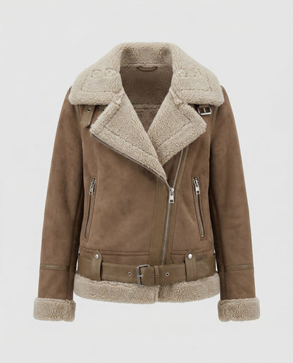 suede jacket with sherpa lining and asymmetrical zip design