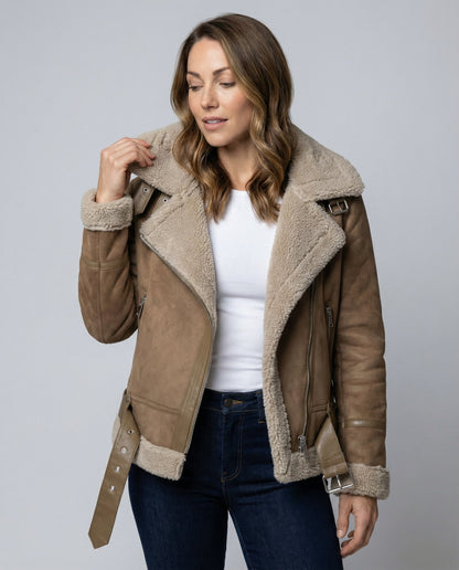 suede jacket with sherpa lining and asymmetrical zip design