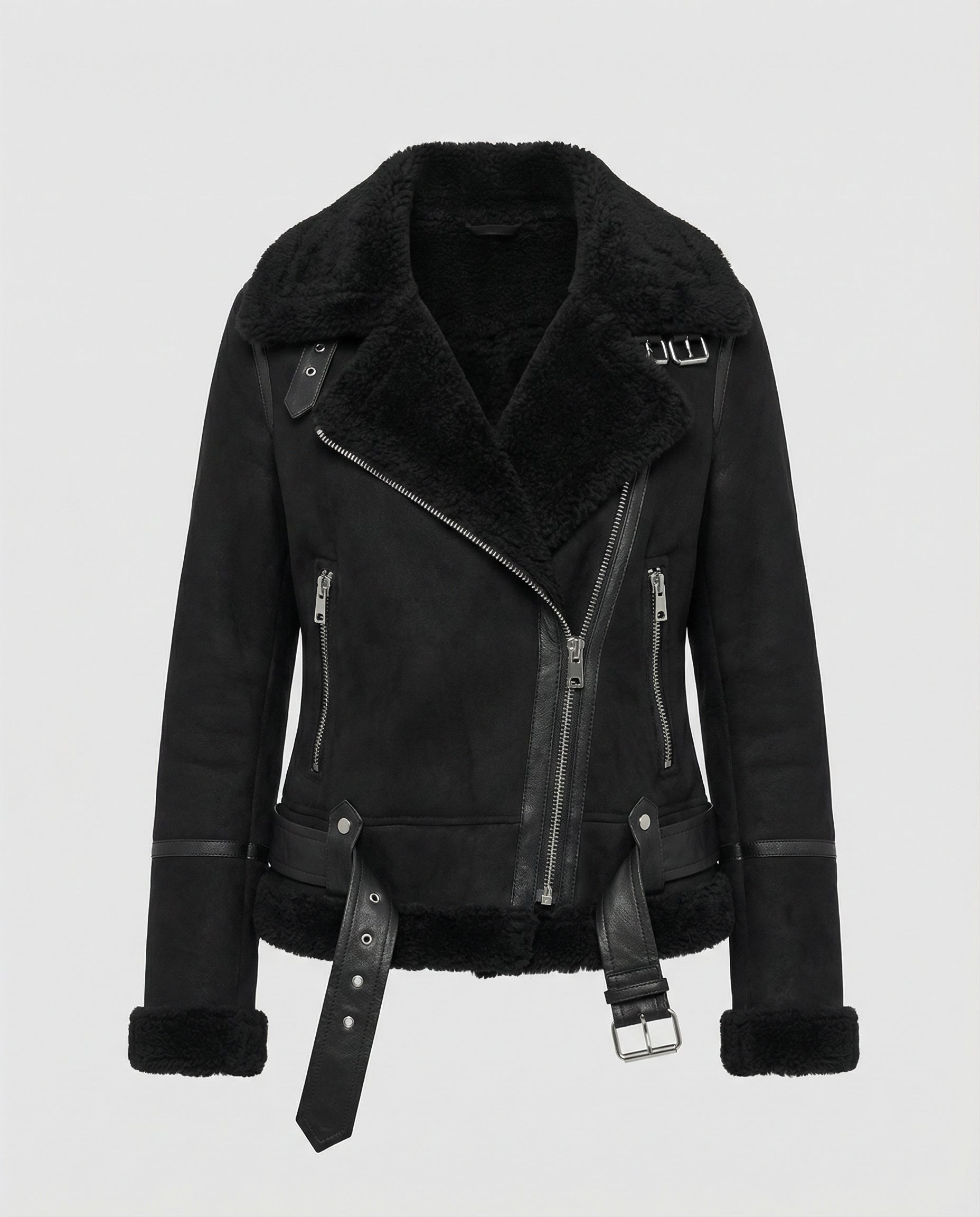 suede jacket with sherpa lining and asymmetrical zip design