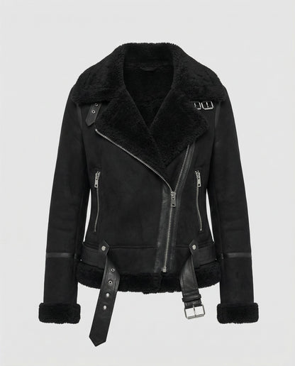 suede jacket with sherpa lining and asymmetrical zip design