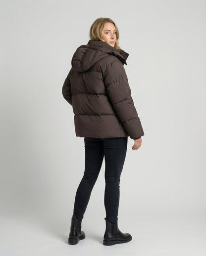 oversized puffer jacket with insulated design, high collar, and relaxed fit