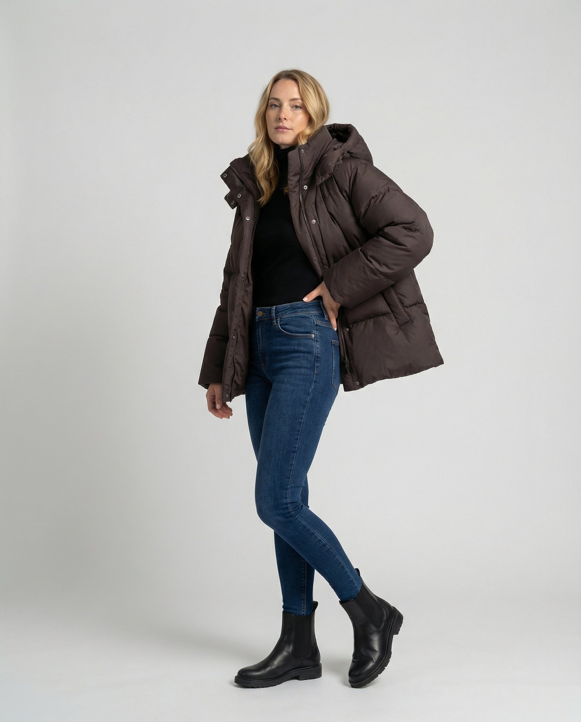 oversized puffer jacket with insulated design, high collar, and relaxed fit