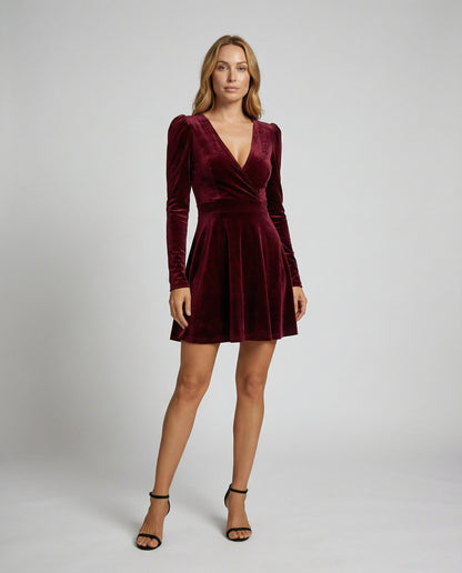 elegant velvet dress with v-neckline and refined long-sleeve silhouette
