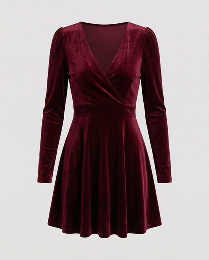 elegant velvet dress with v-neckline and refined long-sleeve silhouette