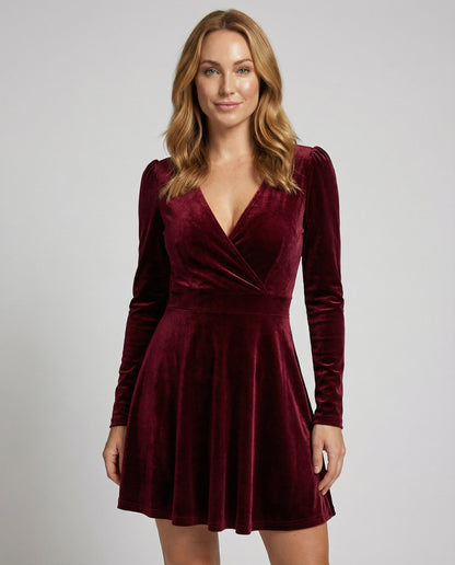 elegant velvet dress with v-neckline and refined long-sleeve silhouette