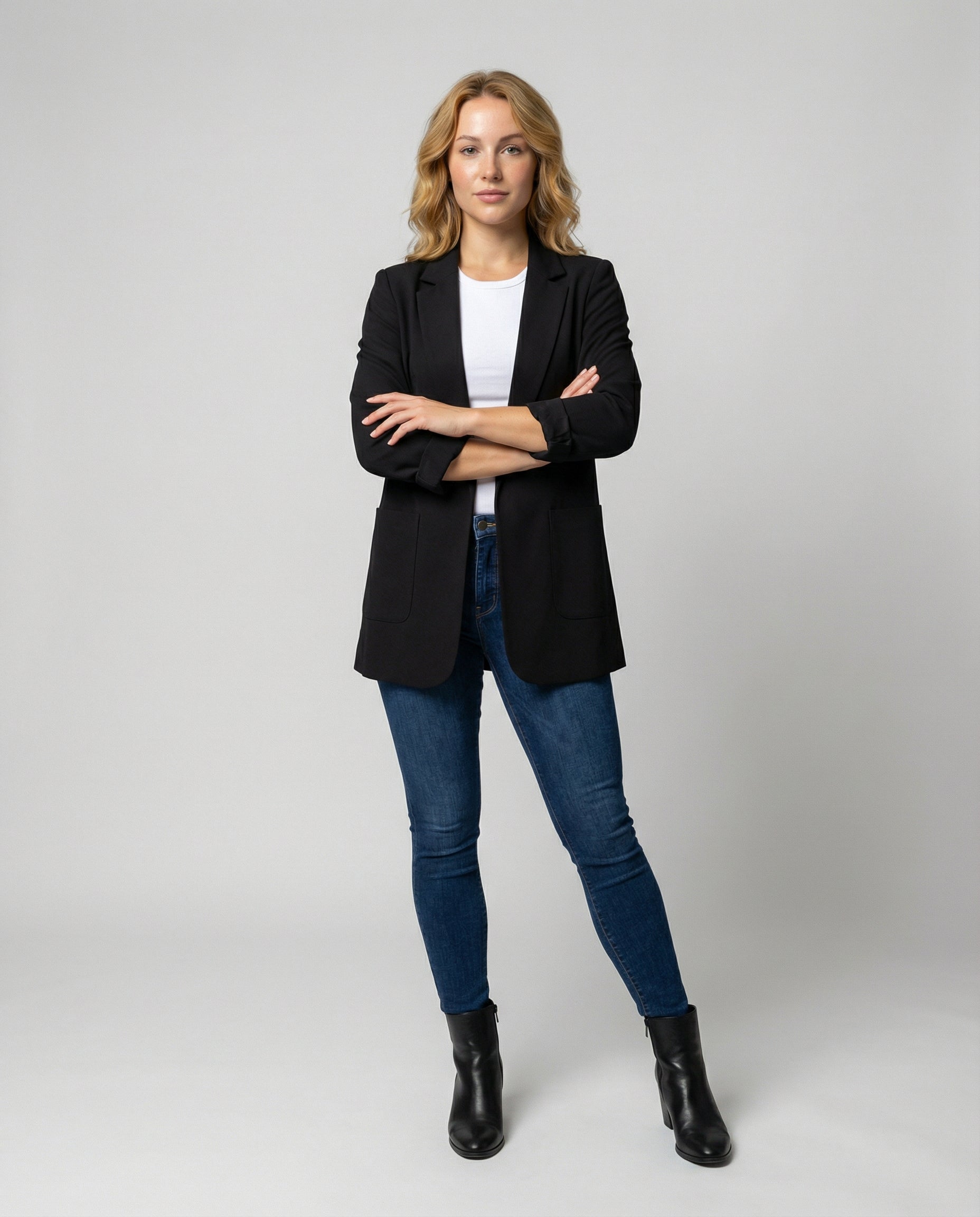 fitted elegant blazer with open-front design and tailored silhouette