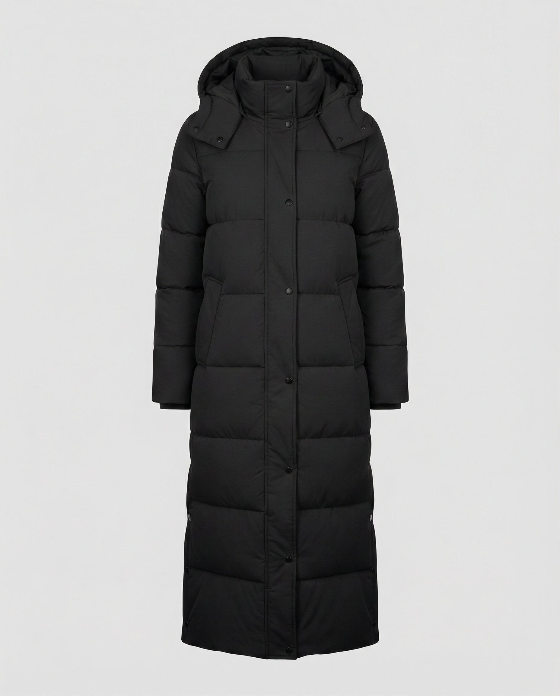 long quilted jacket with extra-length design, vertical quilting