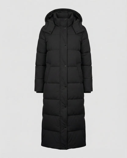 long quilted jacket with extra-length design, vertical quilting