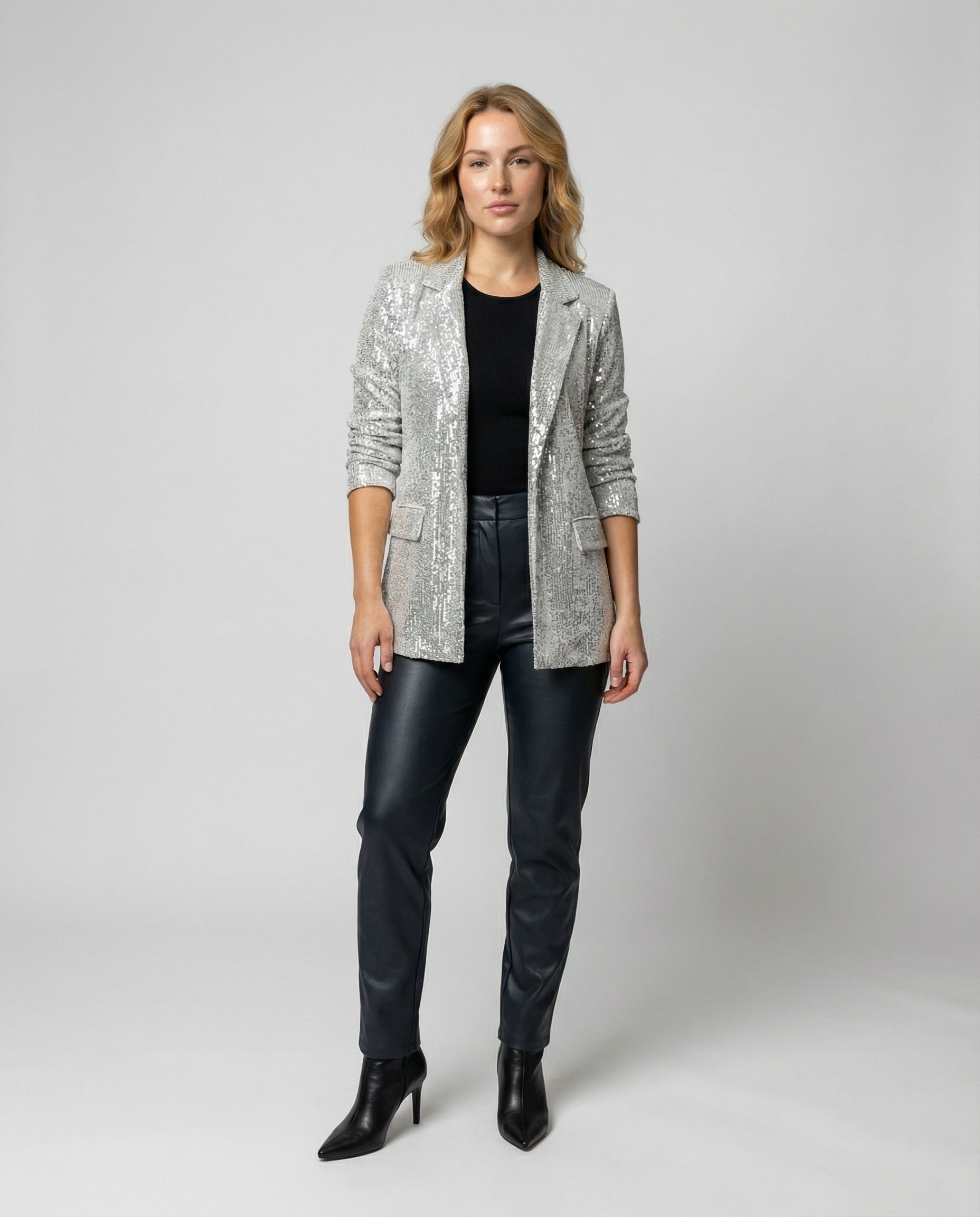 sequin blazer with elegant statement fit and structured silhouette