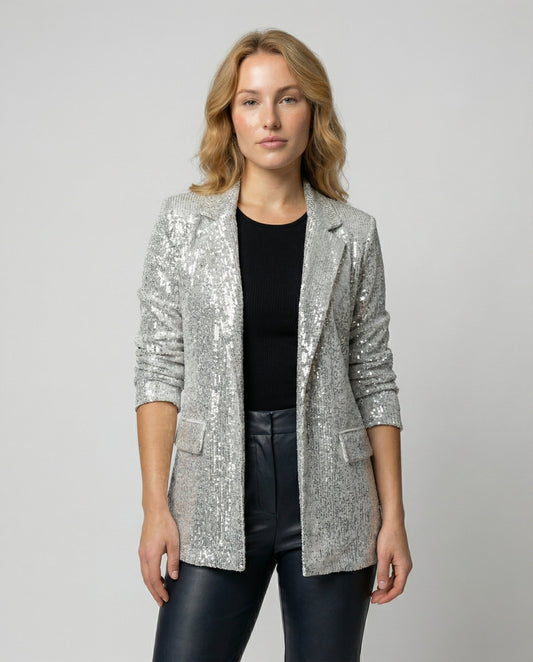 sequin blazer with elegant statement fit and structured silhouette