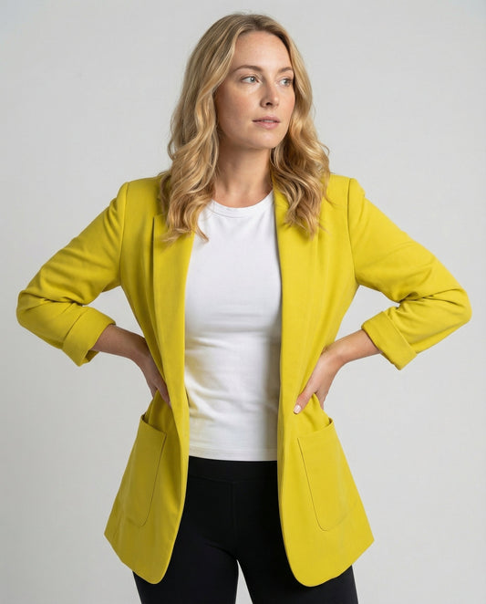 slim-fit blazer with tailored structured design and classic button front