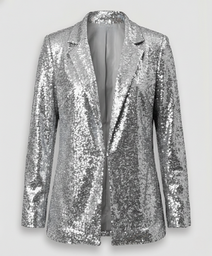 sequin blazer with padded shoulders, open front design, and fully lined construction.