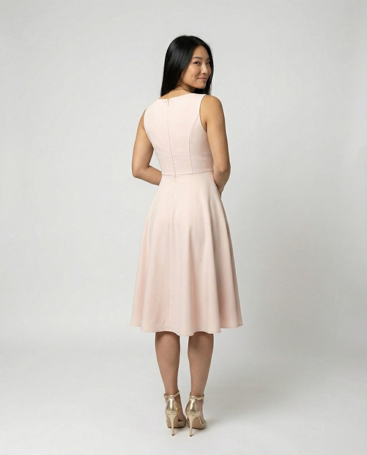 Midi dress in A-line, zipper, straps, V-neck, sleeveless, elegant, for women, cocktail party