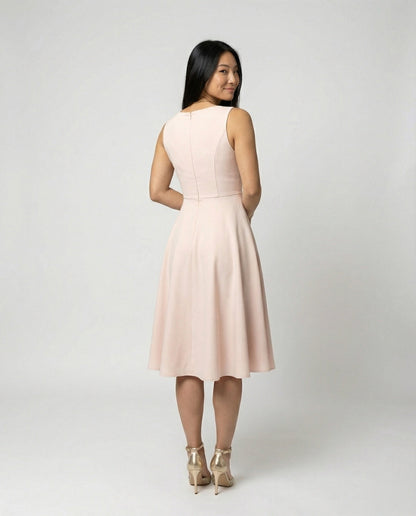 Midi dress in A-line, zipper, straps, V-neck, sleeveless, elegant, for women, cocktail party